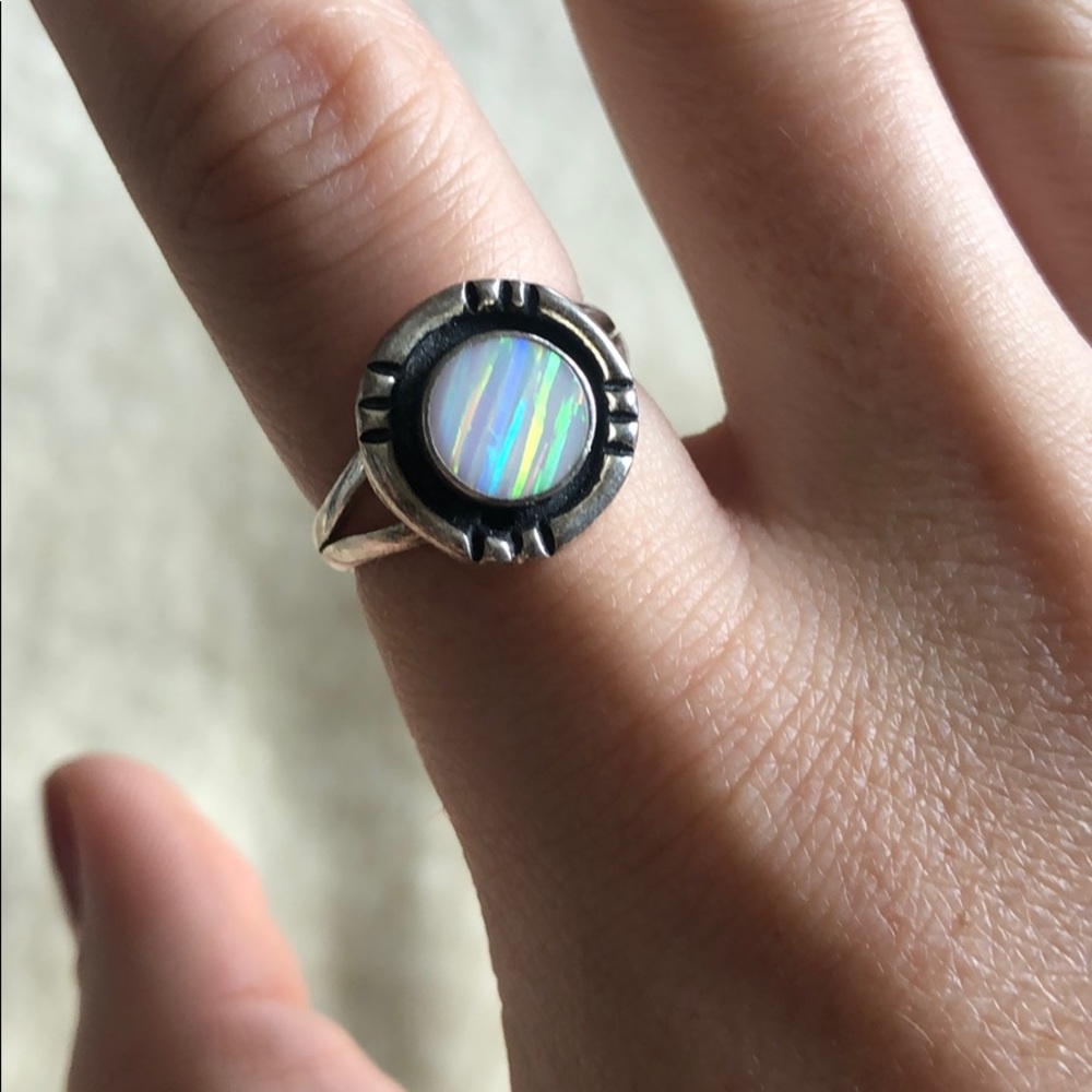 Opal halo ring, sterling silver